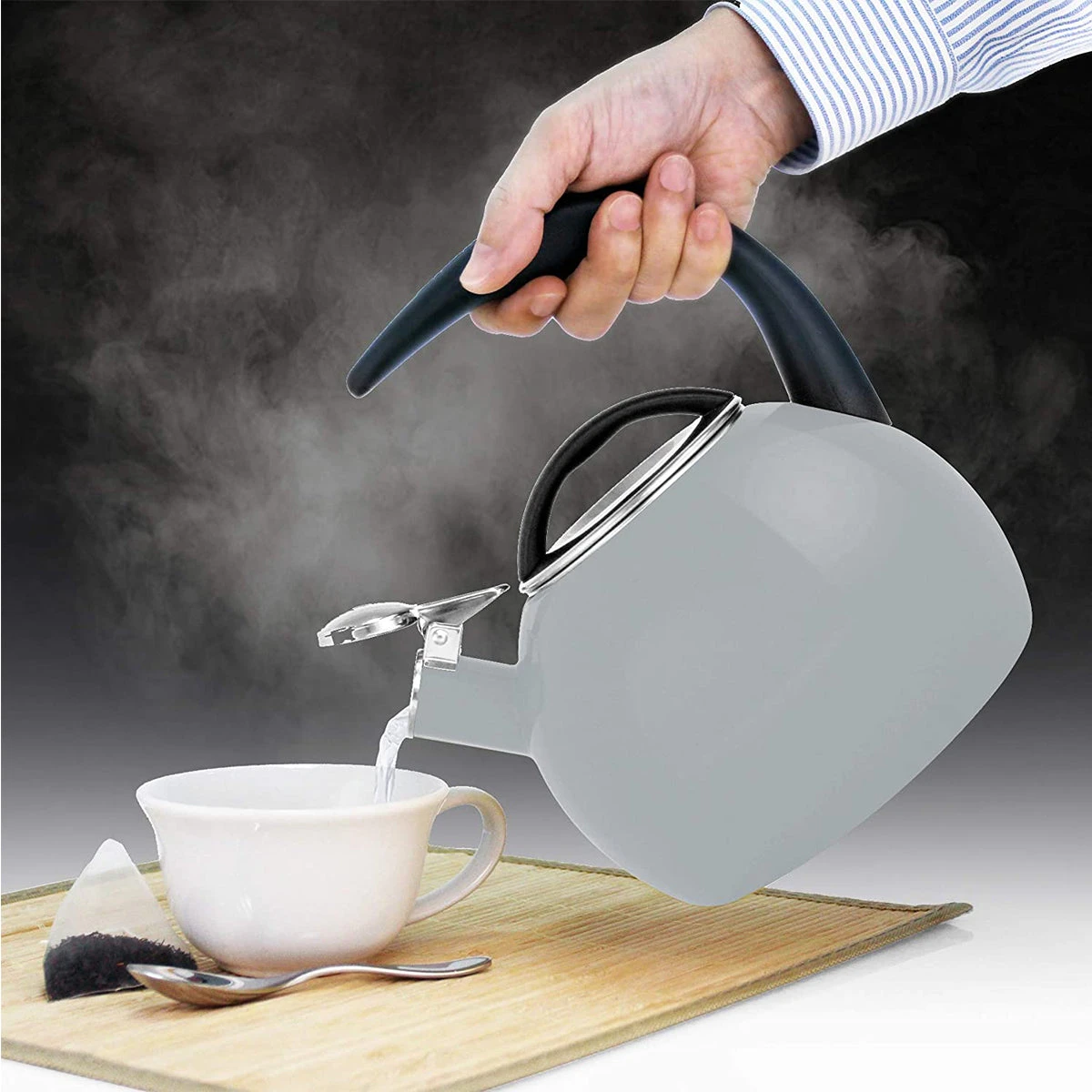 Chantal 2 Qt. Enamel-on-Steel Anniversary Teakettle - Fog Grey 4 Chantal 2 Qt. Enamel-on-Steel Anniversary Teakettle - Fog Grey - Image 4