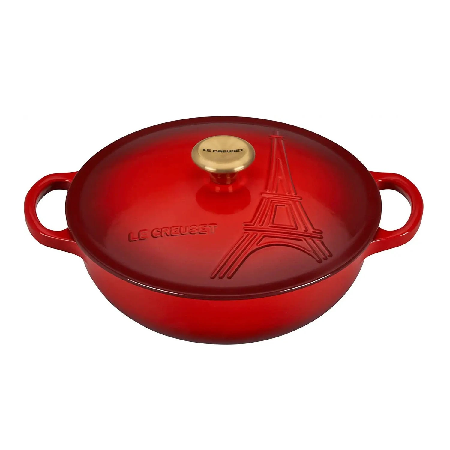 Le Creuset Signature Cocotte - Cerise W/ Eiffel Tower Embossed Lid & Gold Knob 1 Le Creuset Signature Cocotte - Cerise W/ Eiffel Tower Embossed Lid & Gold Knob