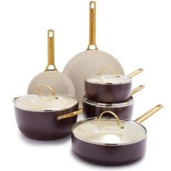 GREEN PAN RESERVE CERAMIC NONSTICK 10-PIECE COOKWARE SET - MERLOT WITH GOLD-TONE HANDLES