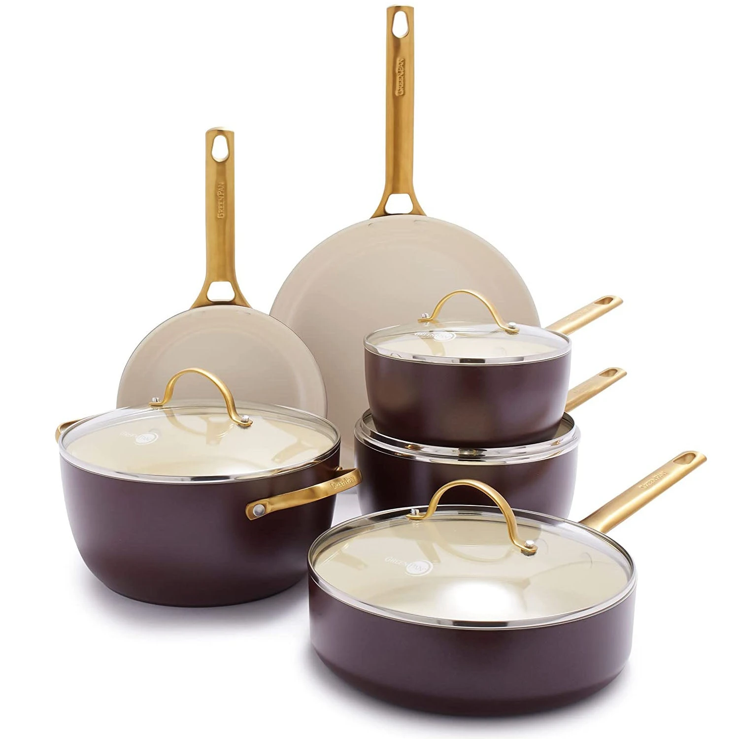 GREEN PAN RESERVE CERAMIC NONSTICK 10-PIECE COOKWARE SET - MERLOT WITH GOLD-TONE HANDLES 1 GREEN PAN RESERVE CERAMIC NONSTICK 10-PIECE COOKWARE SET - MERLOT WITH GOLD-TONE HANDLES