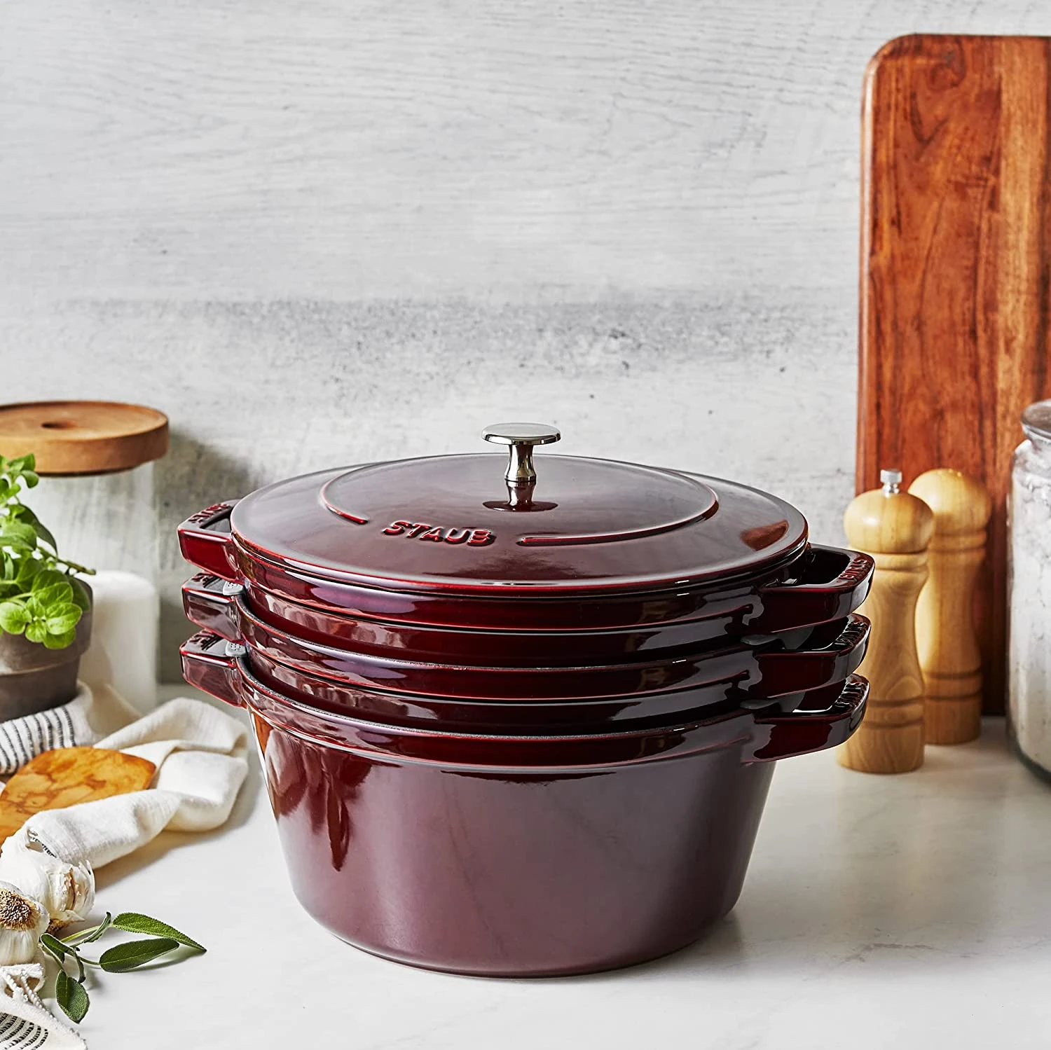 Staub Cast Iron 4-Piece Stackable Set - Grenadine 2 Staub Cast Iron 4-Piece Stackable Set - Grenadine - Image 2