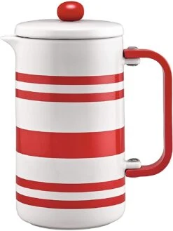 BonJour Hot Beverage Ceramic French Press Coffee Maker With Flavor Lock Filter And Bamboo Handle, 32 Ounce, Red Stripes