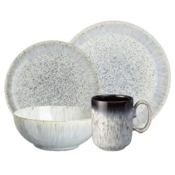 Denby USA 16 Piece Halo Kitchen Breakfast Collection Set, Speckle