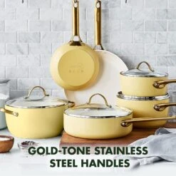 GREEN PAN RESERVE CERAMIC NONSTICK 10-PIECE COOKWARE SET - SUNRISE WITH GOLD-TONE HANDLES -COOKWARE Store 91cKqQlxaYL. AC SL1500