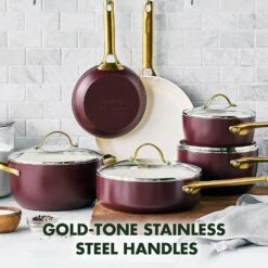 GREEN PAN RESERVE CERAMIC NONSTICK 10-PIECE COOKWARE SET - MERLOT WITH GOLD-TONE HANDLES 11 GREEN PAN RESERVE CERAMIC NONSTICK 10-PIECE COOKWARE SET - MERLOT WITH GOLD-TONE HANDLES -COOKWARE Store 91nB156pG2L. AC SL1500