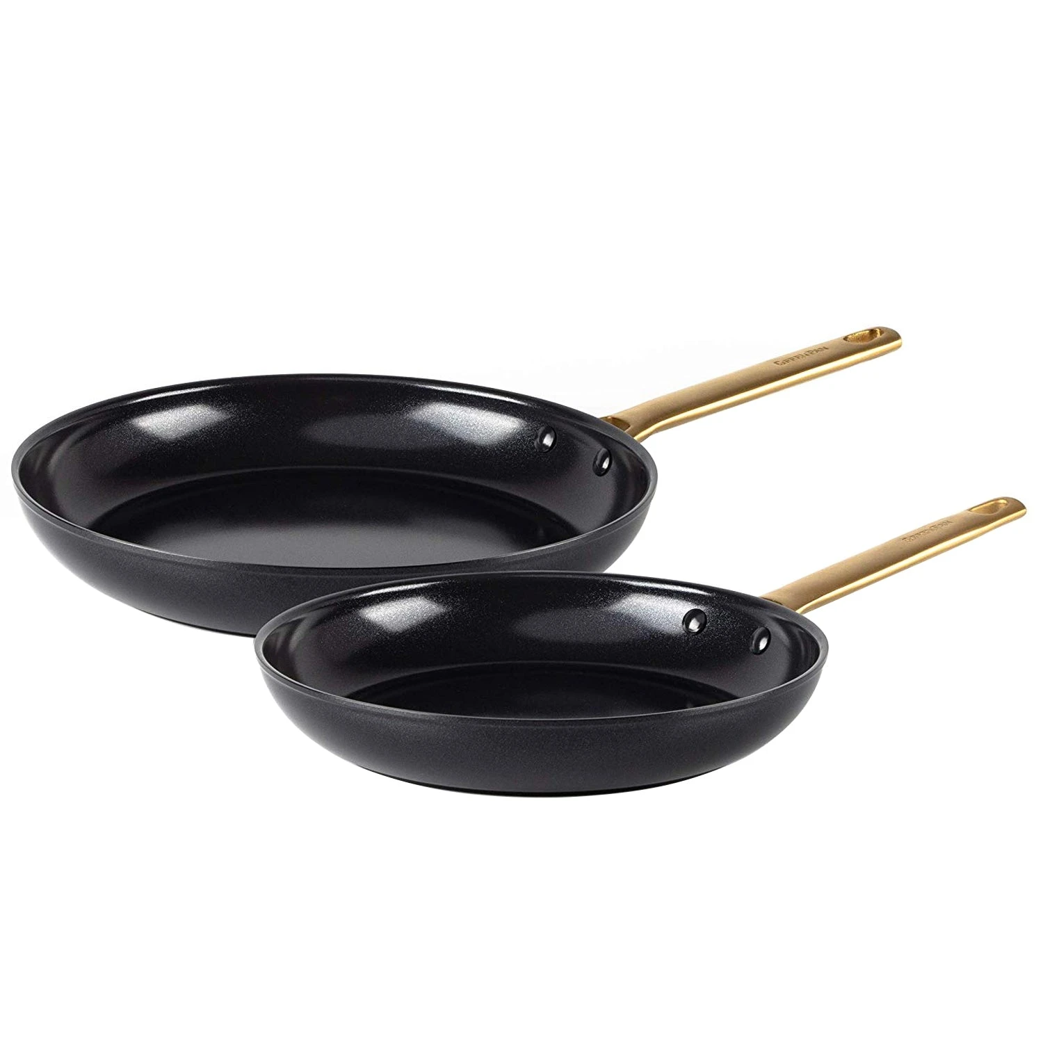 GREEN PAN RESERVE CERAMIC NONSTICK 10" & 12" FRYPAN SET - BLACK WITH GOLD-TONE HANDLES 1 GREEN PAN RESERVE CERAMIC NONSTICK 10" & 12" FRYPAN SET - BLACK WITH GOLD-TONE HANDLES