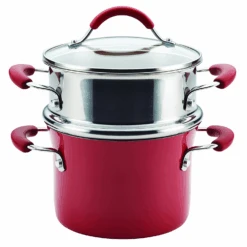 Rachael Ray Cucina Hard Enamel 3-Quart Covered Multi-Pot Set With Steamer - Cranberry Red