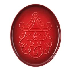 Le Creuset Noel Santa Claus Oval Santa Cookie Platter - Cerise W/ Embossed Design